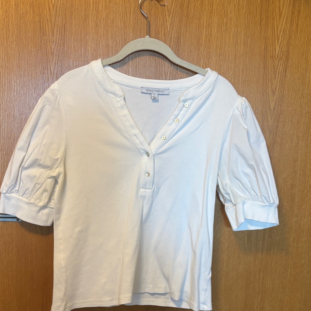 White Puff Sleeve Short Sleeve Henley